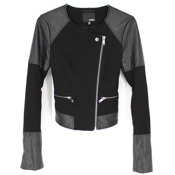 Aritzia Wilfred Free Black Asymmetric Zip Faux Leather Trim Jacket size XXS 2XS - Picture 1 of 6
